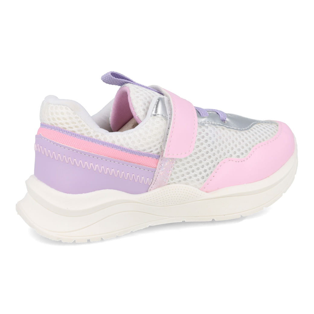 Tênis infantil Funfeet branco com detalhes rosa e lilás vista lateral traseira esquerda